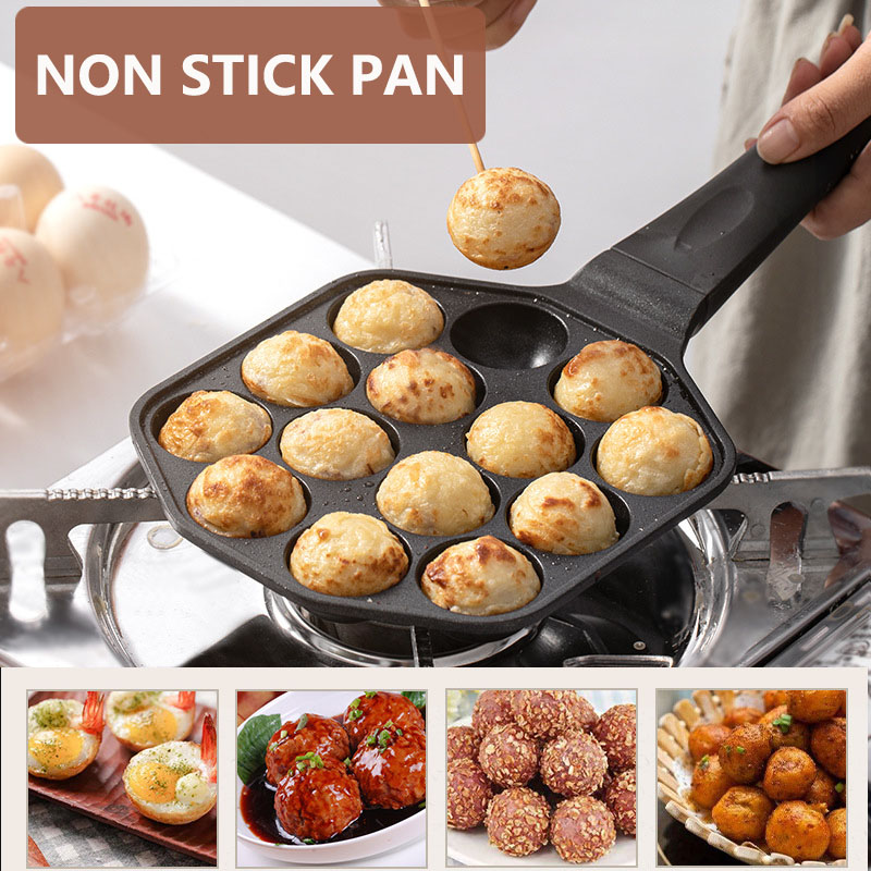 Takoyaki Pan Cast - 12/14 Hole Takoyaki Pan Houten Handvat